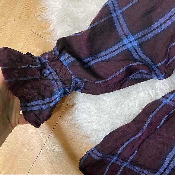 Loft purple plaid casual off the shoulder ruffled sleeves top blouse S - Picture 7 of 15